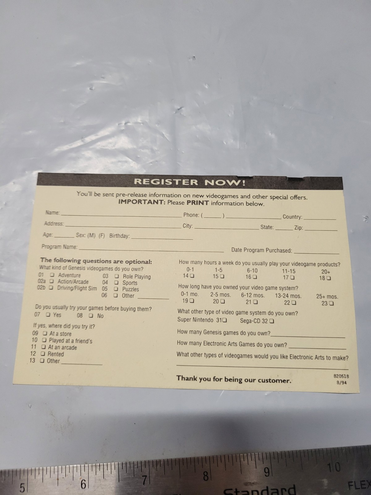 Electronic arts sega genesis registration card Insert 8/94