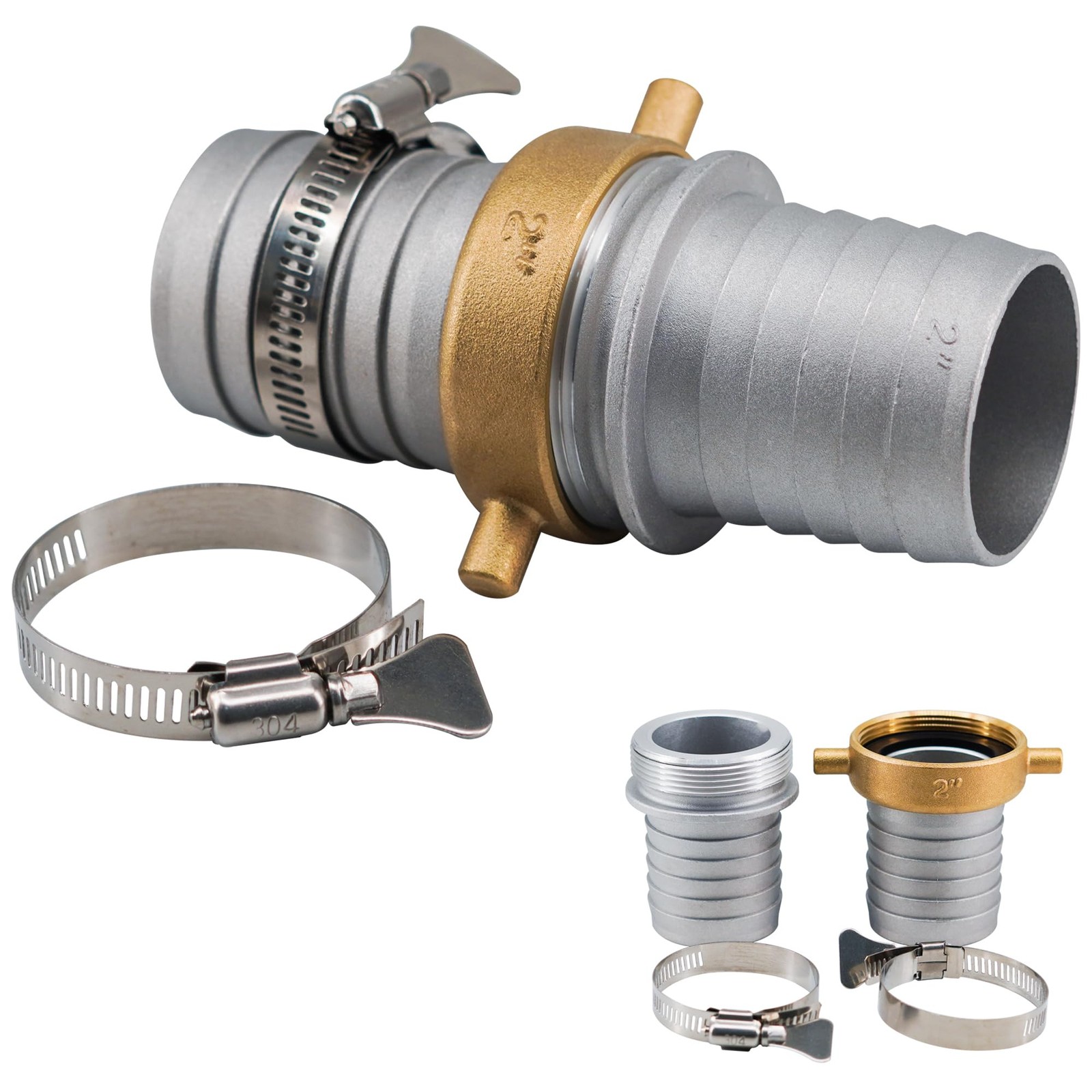 2-Inch Water Pump Hose Connector Set, Aluminum Fittings with 2 Clamps, Heavy Dut