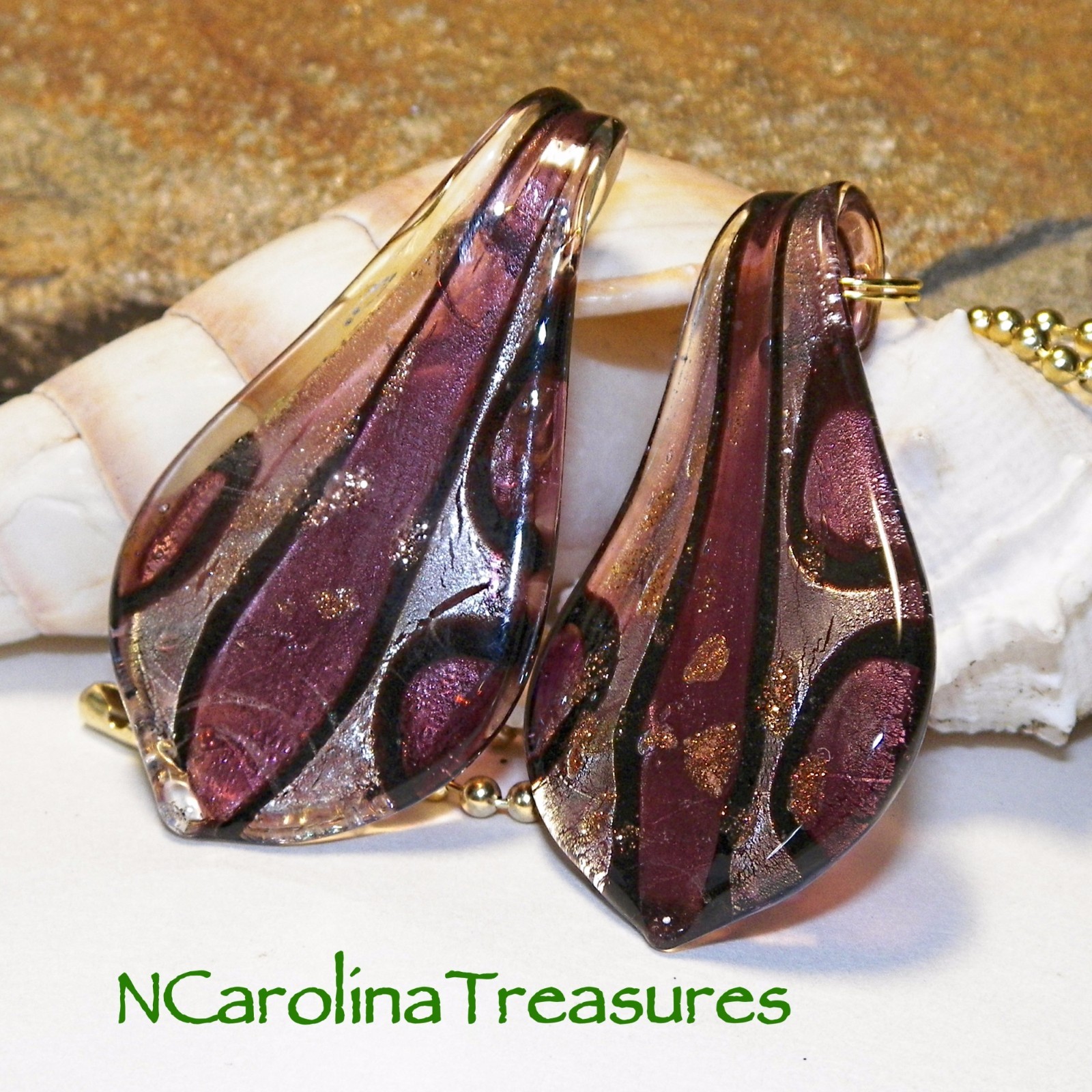 PURPLE SILVER LEAF LEAVES TEARDROP MURANO ART GLASS CEILING FAN PULL PAIR LARGE
