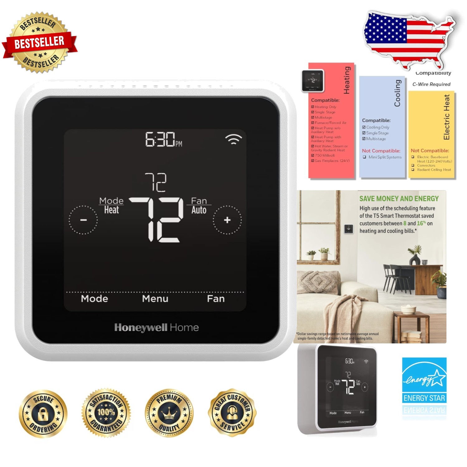 T5 Smart Thermostat Wi-Fi Touchscreen | Alexa, Geofencing, Energy Star Certified