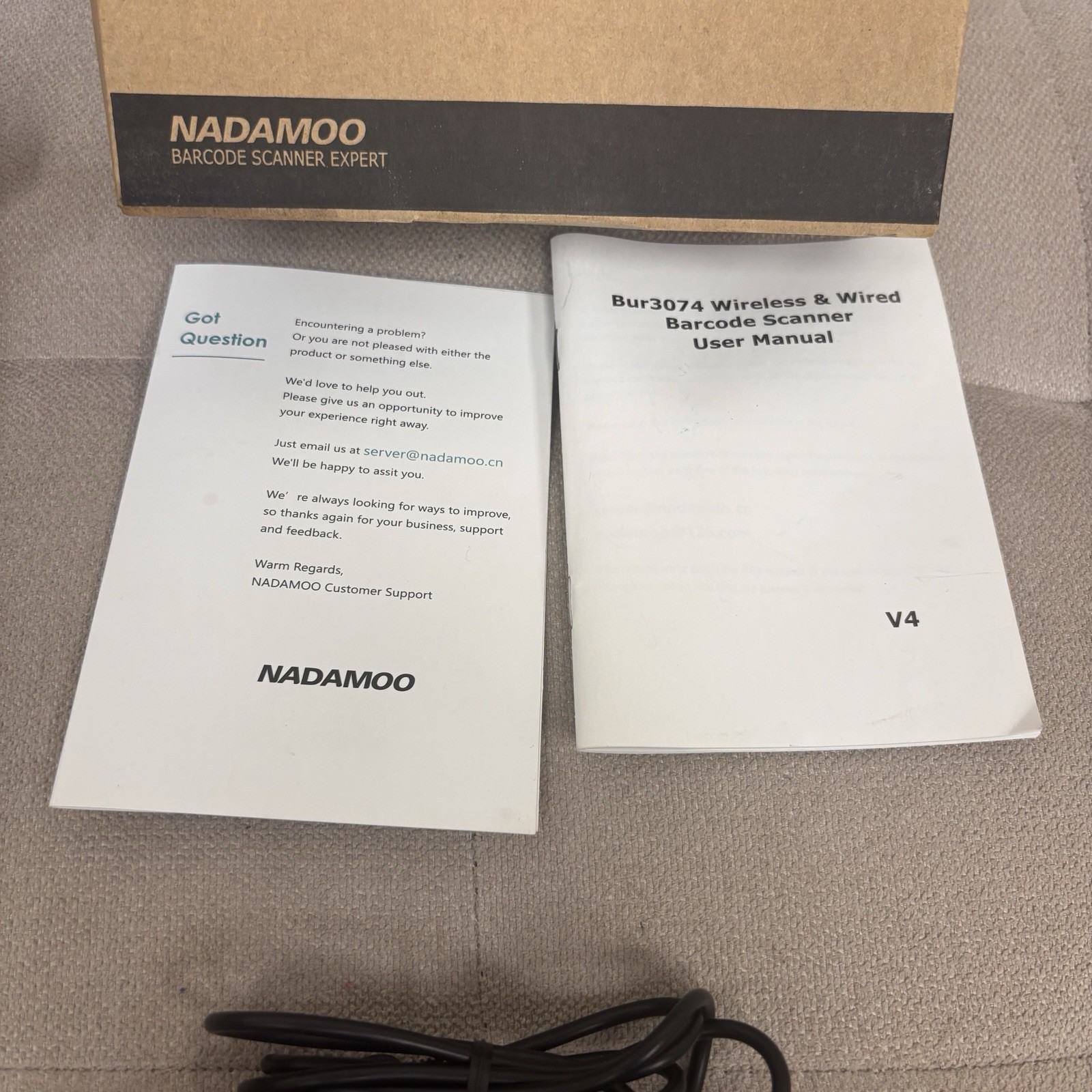 NADAMOO BUR3074 Wireless Barcode Scanner USB Receiver Cable Box