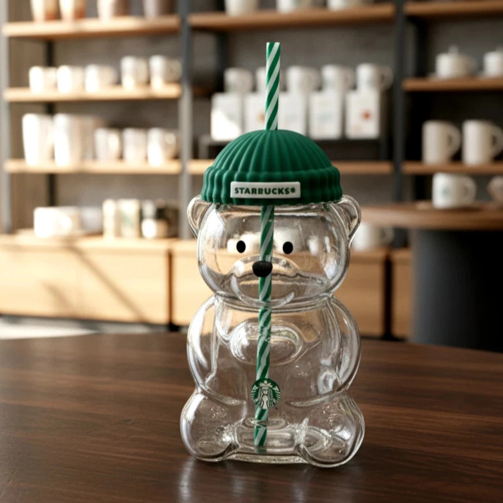 Starbucks Barista Bear Glass Cup w/Straw and New In Box-Great Gifts