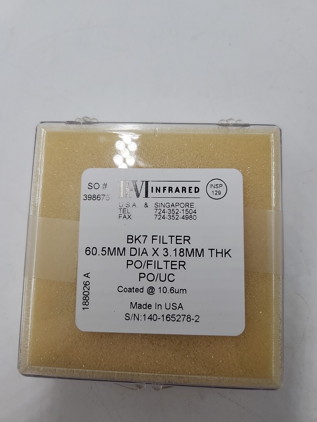 IIVI Infrared BK7 Filter 60.50mmDIA 3.18mmTHK PO/FILTER Coated @ 10.6um