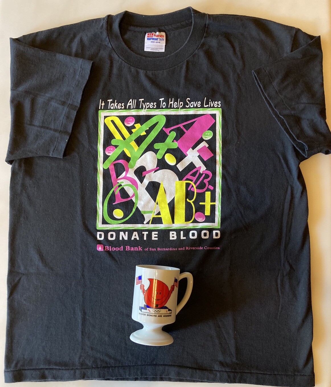 Blood Bank DONOR SHIRT LG & MUG USA Olympic rings TAKES ALL TYPES TO SAVE LIVES
