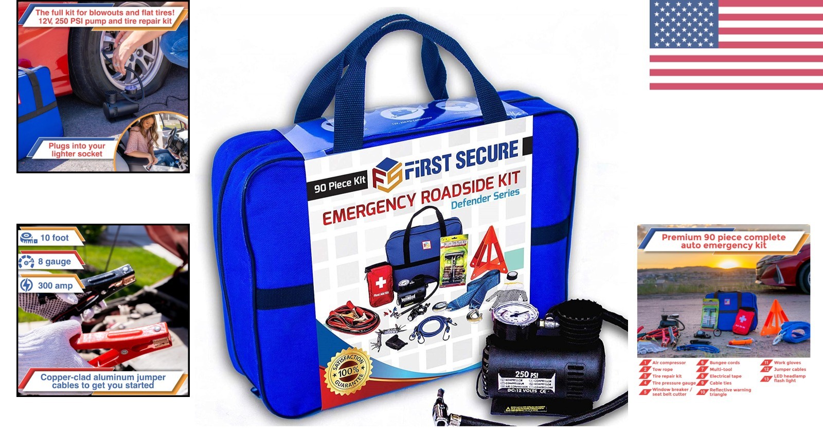Car Emergency Kit with Air Compressor, First Aid, Tow Strap and More
