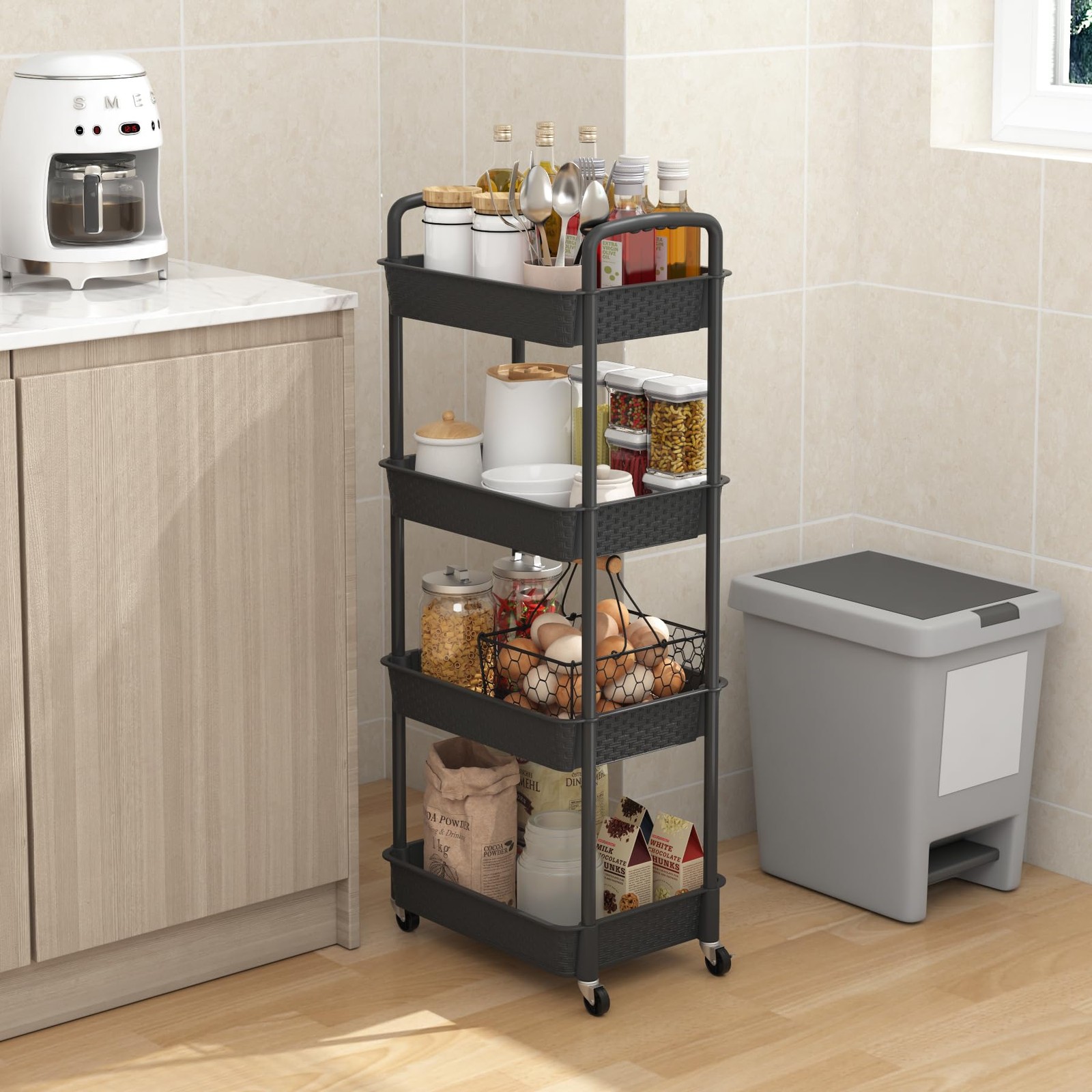 4-Tier Plastic Rolling Utility Cart with Handle, Utility Storage Cart for Off...