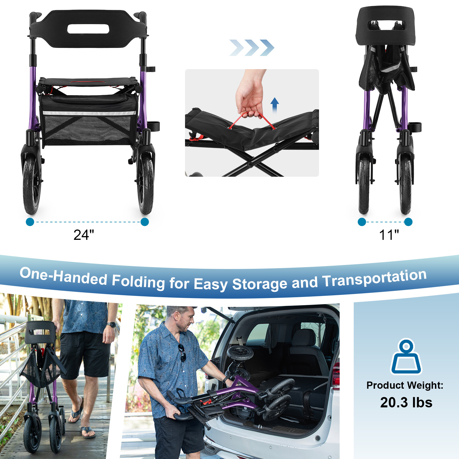Rollator Walker for Seniors 12" Big Rubber Wheels, Height Adjustment for 5-6.5ft