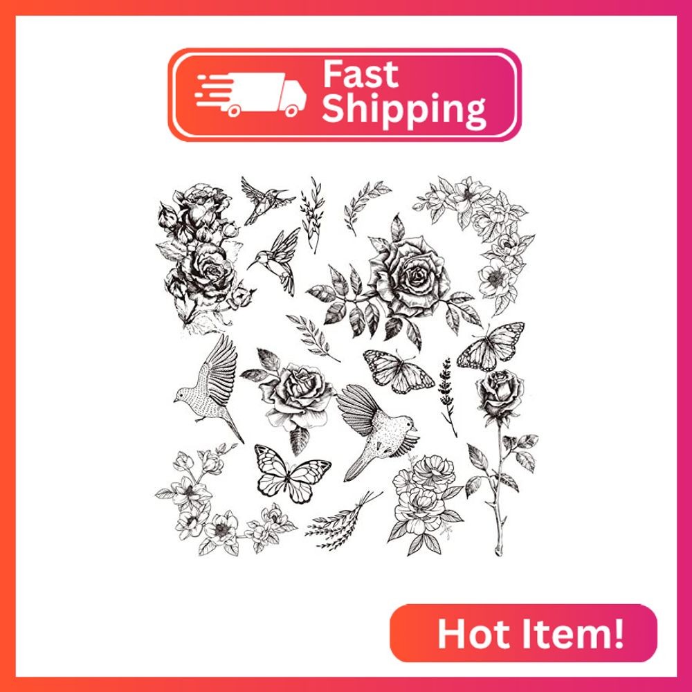 CHARLENT Realistic Black Flower Temporary Tattoos for Women - Rose Swallow Butte