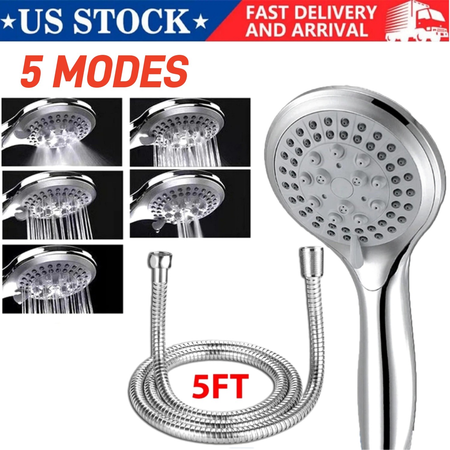 High Pressure Shower Head 5 Settings Handheld Shower Heads Spray With 5 FT Hose
