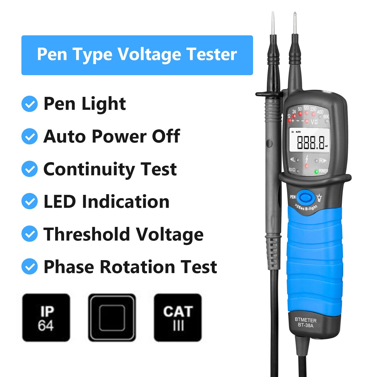 Pen-Style Multimeter 12-690V AC/DC Voltage Tester Phase Rotation & Continuity