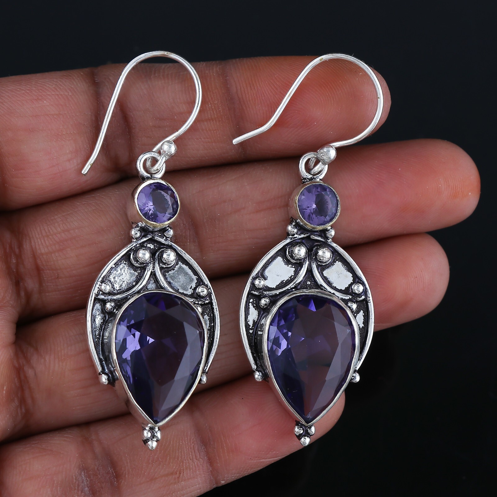 Amethyst Gemstone Handmade Earring, 925 Sterling Silver Jewelry Earring 1.8"