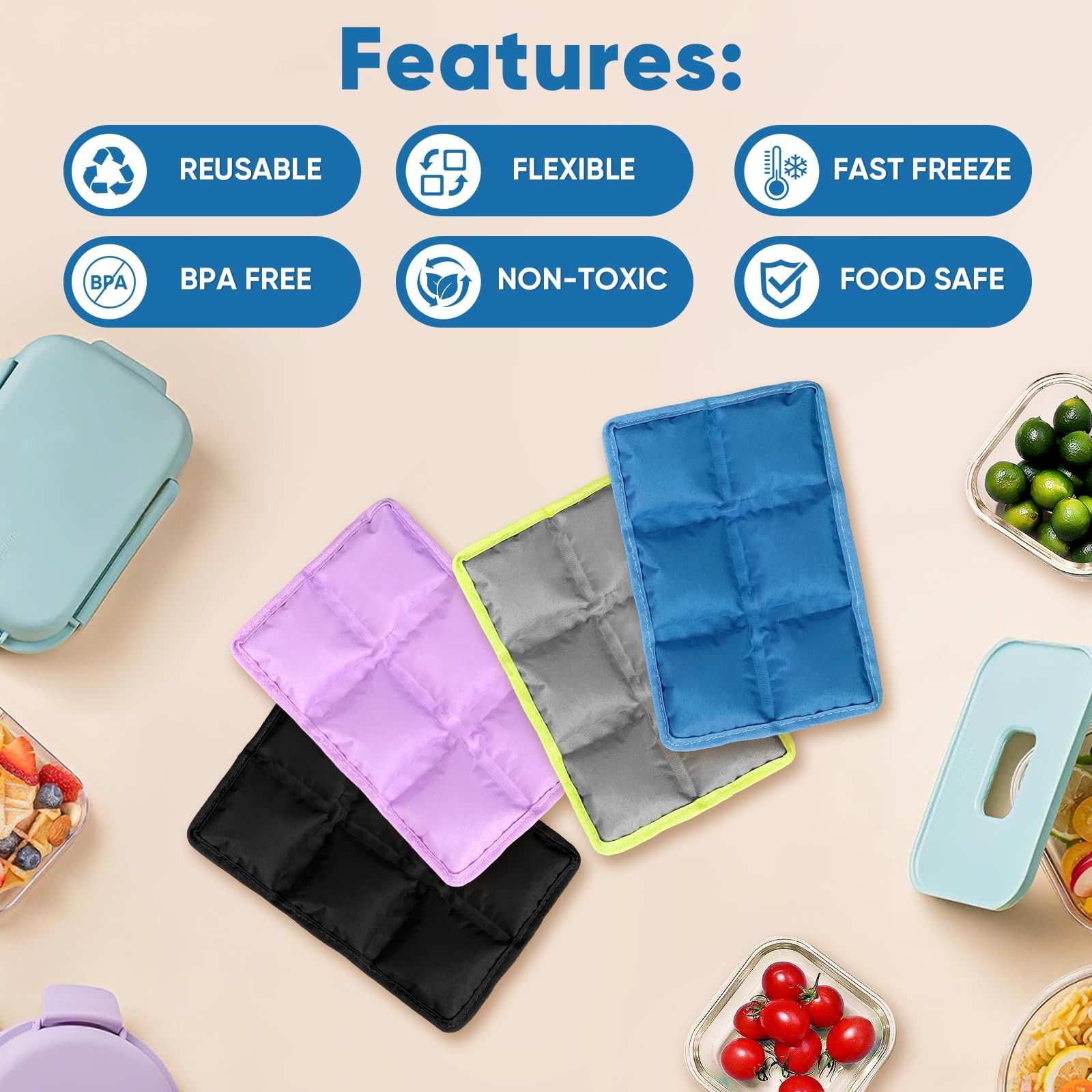 4pcs Ice Packs for Lunch Boxes & Coolers -Slim Reusable Space Saving Cooler I...