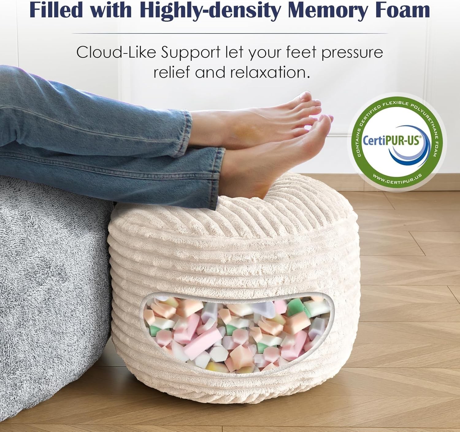 SHOUREN Round Pouf Ottoman Corduroy Foot Rest Fluffy Storage 20x15in Beige
