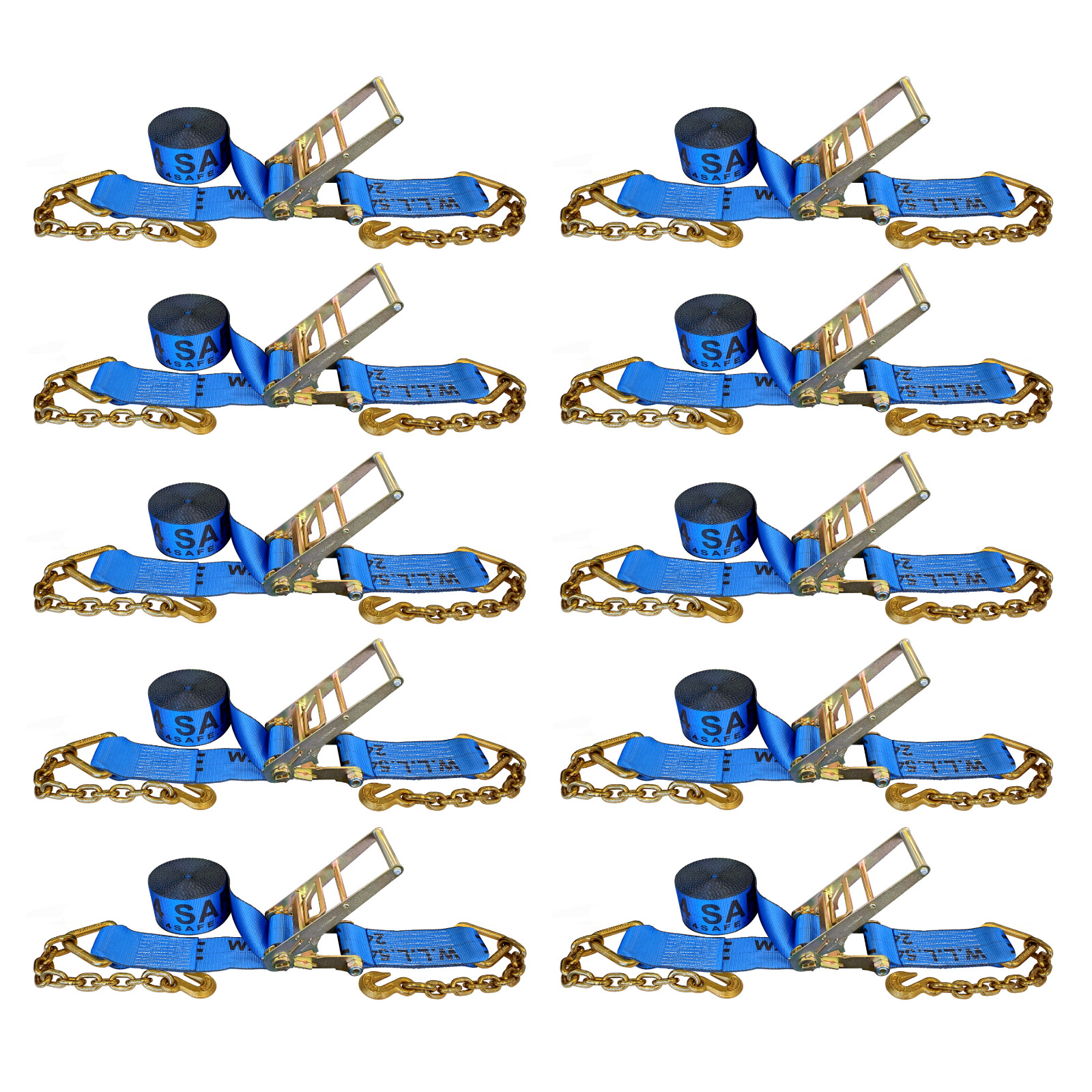 10 Pack USA 4" x 30' Ratchet Strap W/Chain Extension Flatbed Truck Tie Down Blue