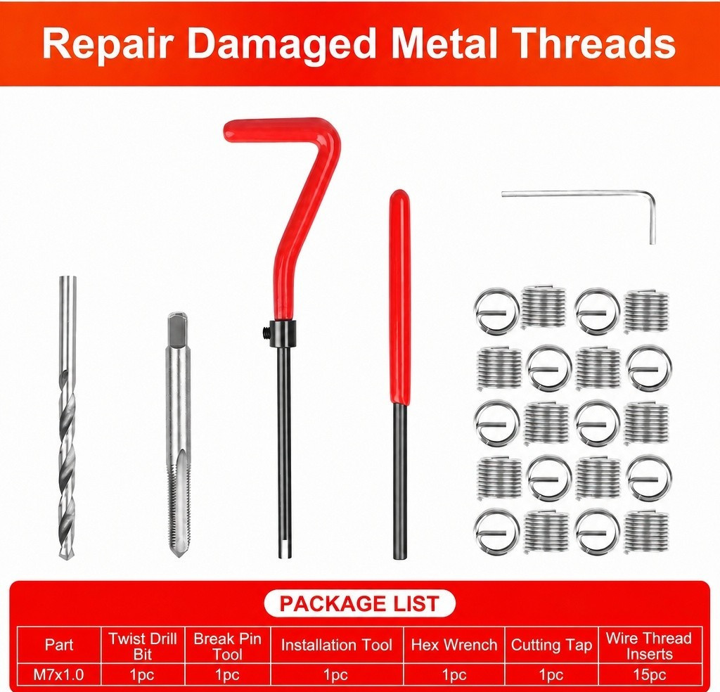 15PC M7 X 1.0 Thread Repair Tool Kit Helicoil Wire Inserts Set