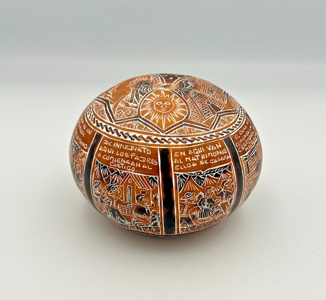 Vintage Peruvian Matrimony Folk Art Hand Carved Storytelling Gourd Rattle