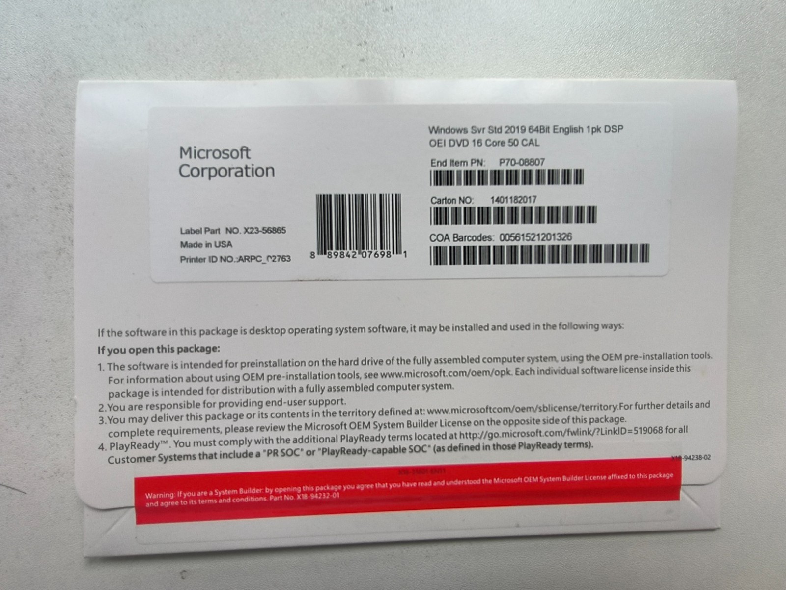 Windows Server 2019 Std 64-bit 16 Core 50 CAL DVD + Product Key Free Shipping