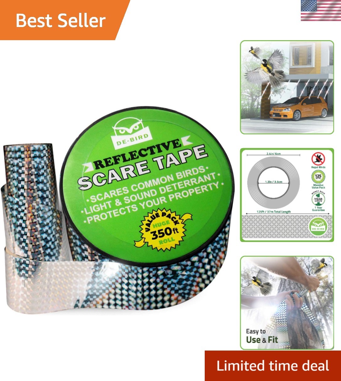 350 ft Reflective Bird Deterrent Scare Tape - Easy Install for Gardens & Patios