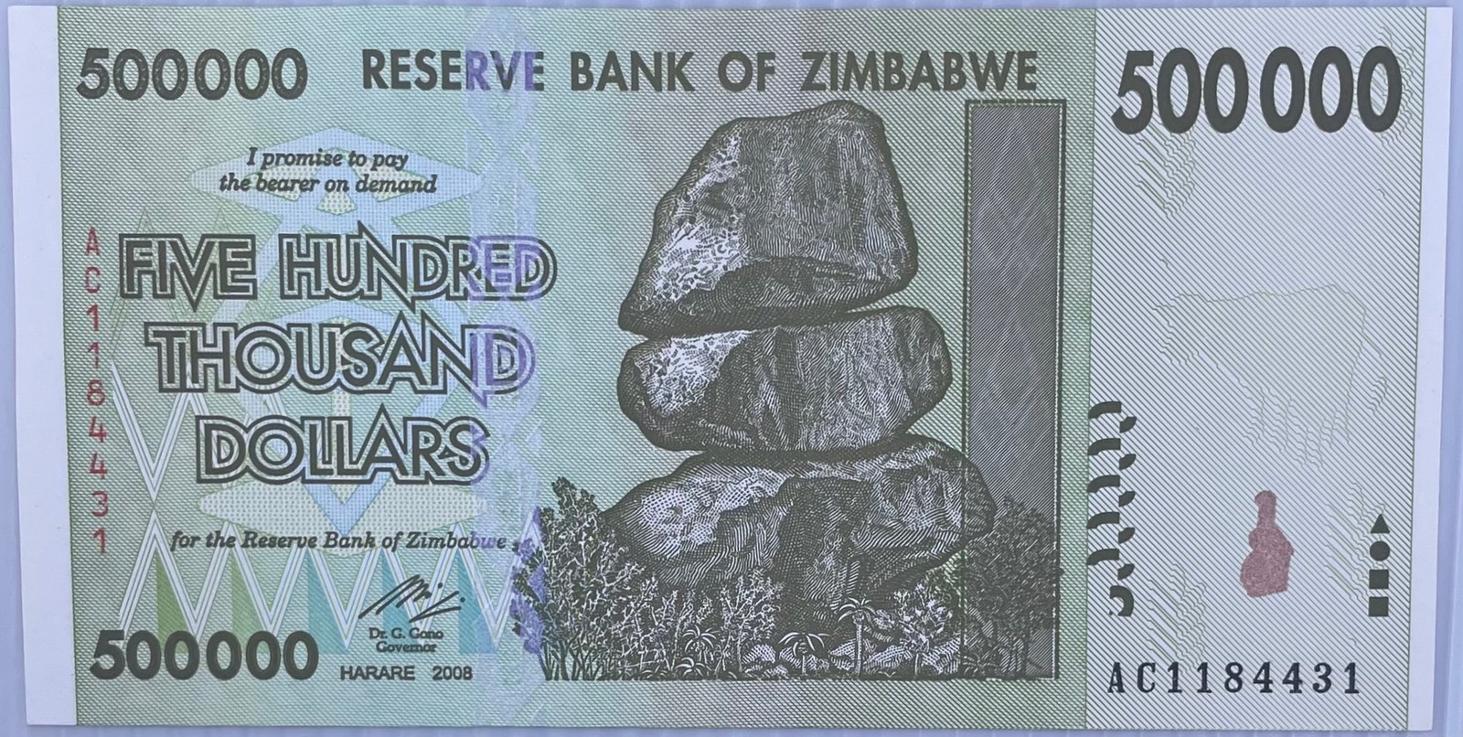 2008 Zimbabwe $500,000 Dollars P-76 UNC World Banknote