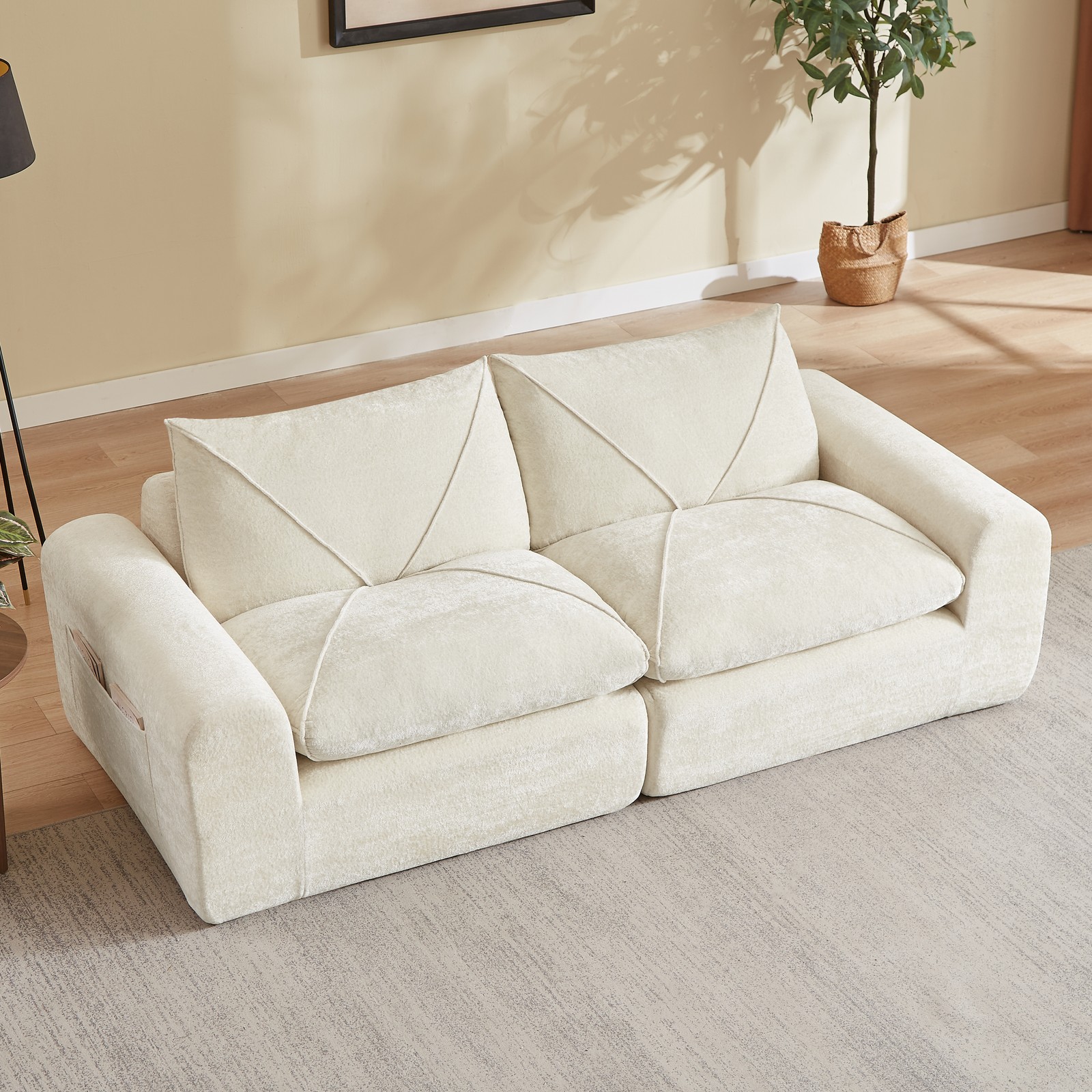 Chenille Combination Sofa with Foot Pedals, Beige, 2-Seat, Modern
