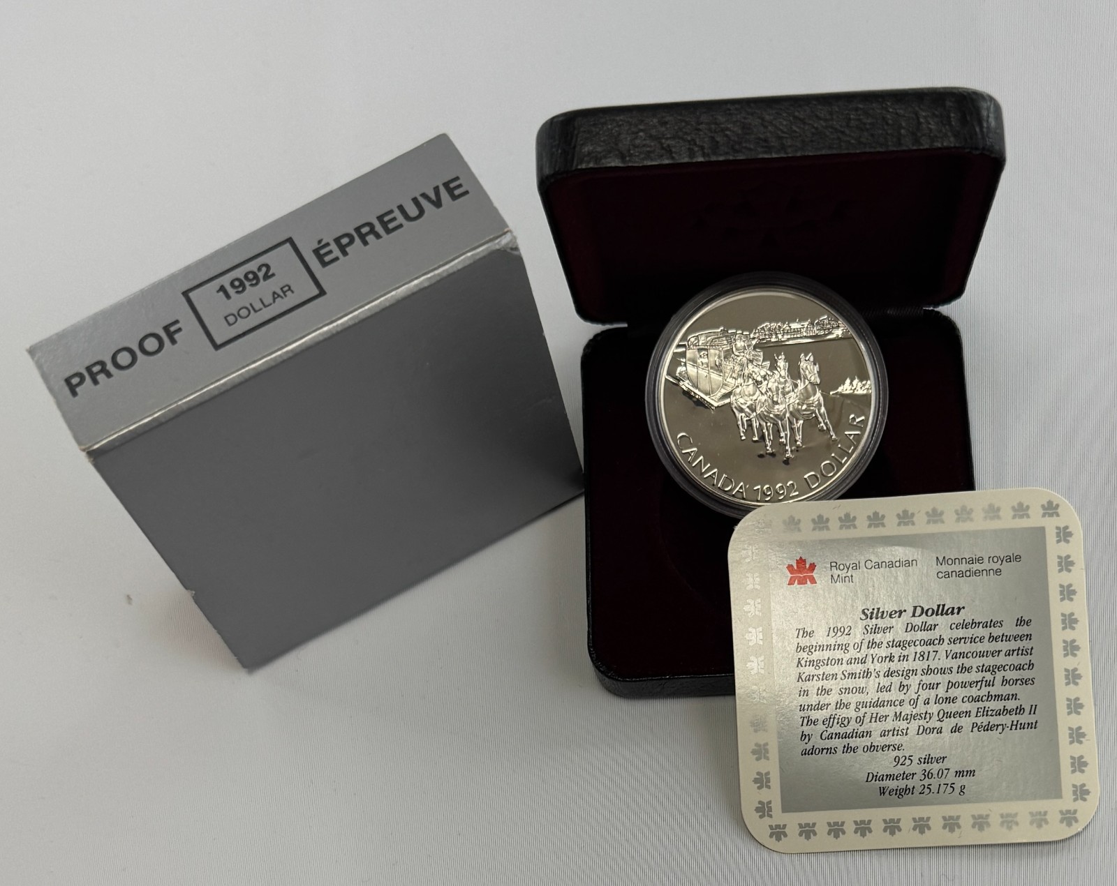 1992 Canada Stagecoach Sterling Silver Dollar RCM Brilliant Proof Coin OGP