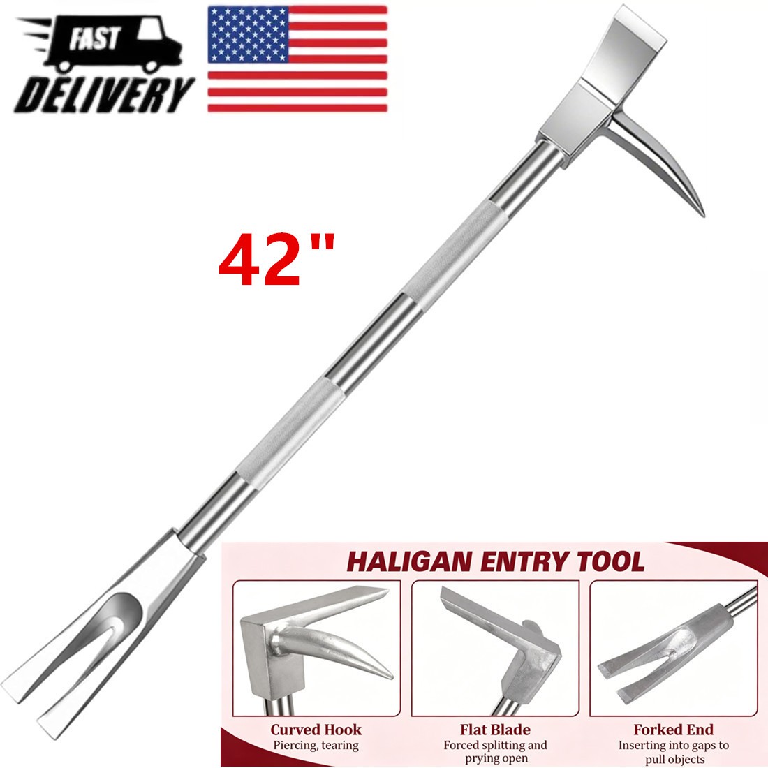 42" Extended Halligan Tool - Heavy-Duty Forged Steel Rescue Bar for Emergencies