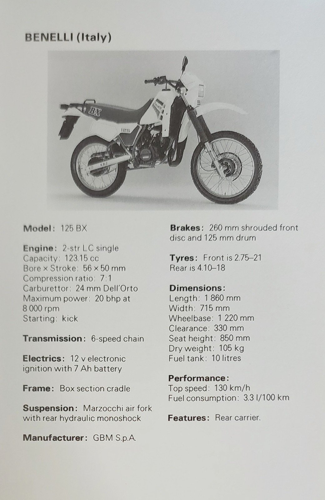 Benelli Motorcycle Picture Original Vtg Bike Info Detail Sheet