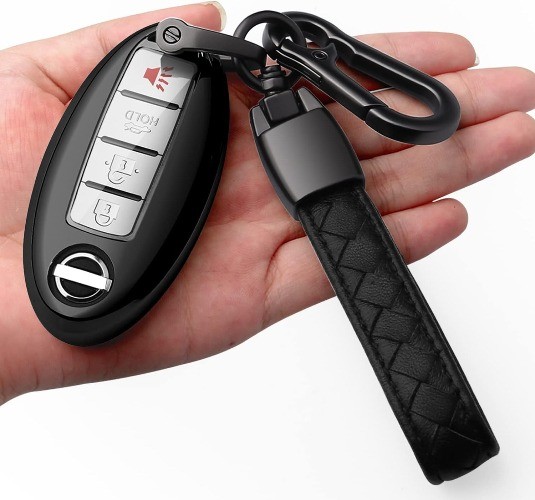 Key Fob Cover with Leather Keychain Soft TPU 360 Degree Protection Key Black