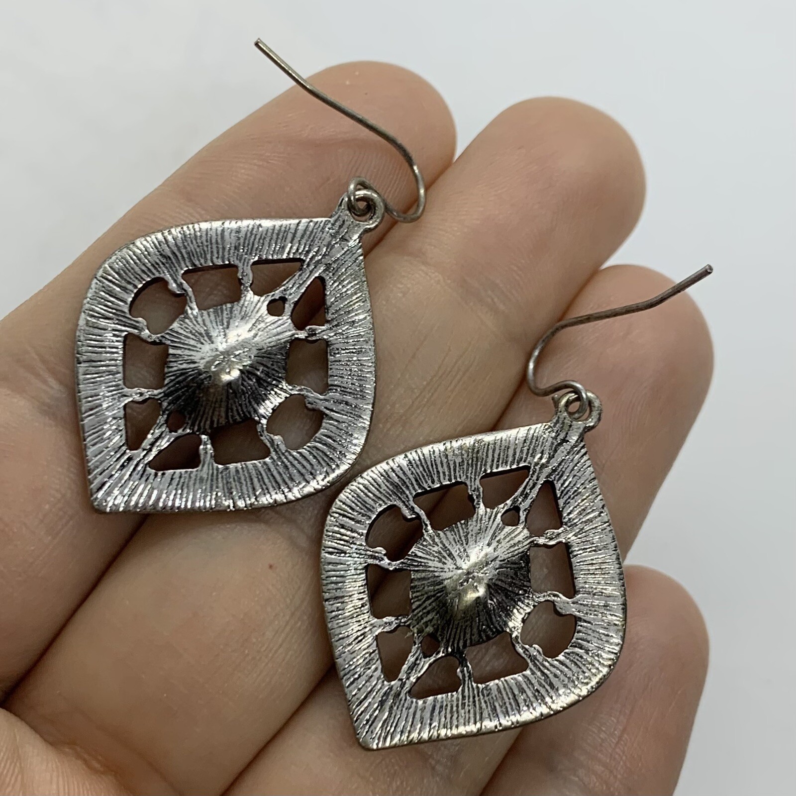 VTG GRAY RHINESTONE SILVER OPENWORK DANGLE EARRINGS HOOK 1.75”