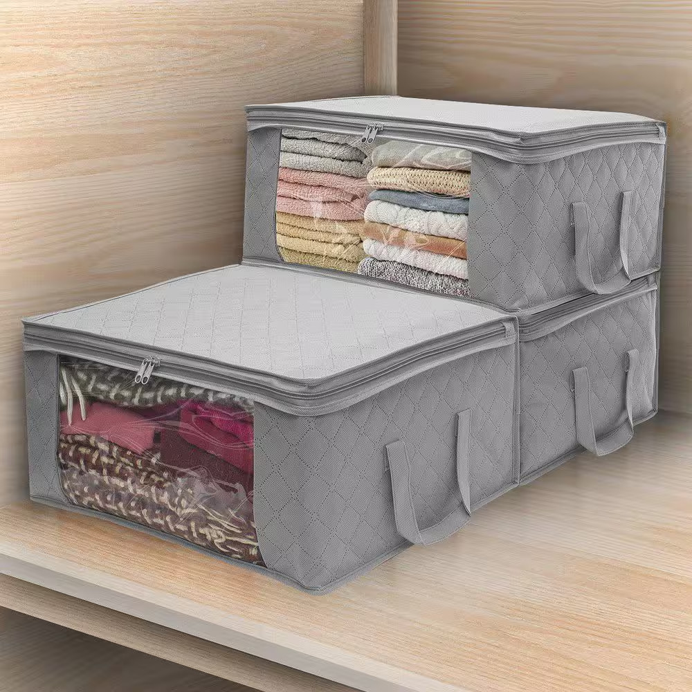 Foldable Storage Bag Organizers with Clear Window and Handles, Gray 19 In. X 7.5
