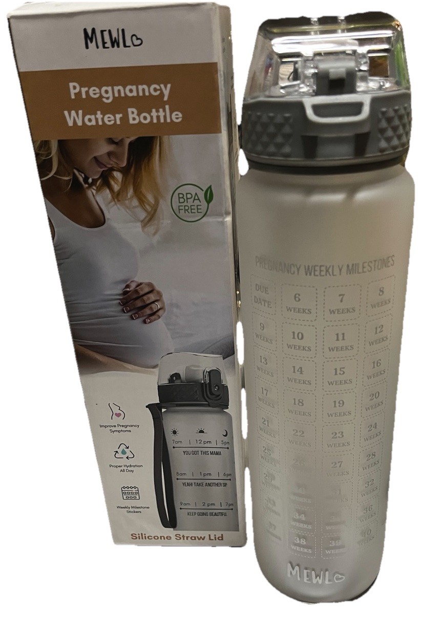 Mewl Pregnancy Water Bottle Milestones Tracker Soft Straw 32 oz Strap NOB _J3