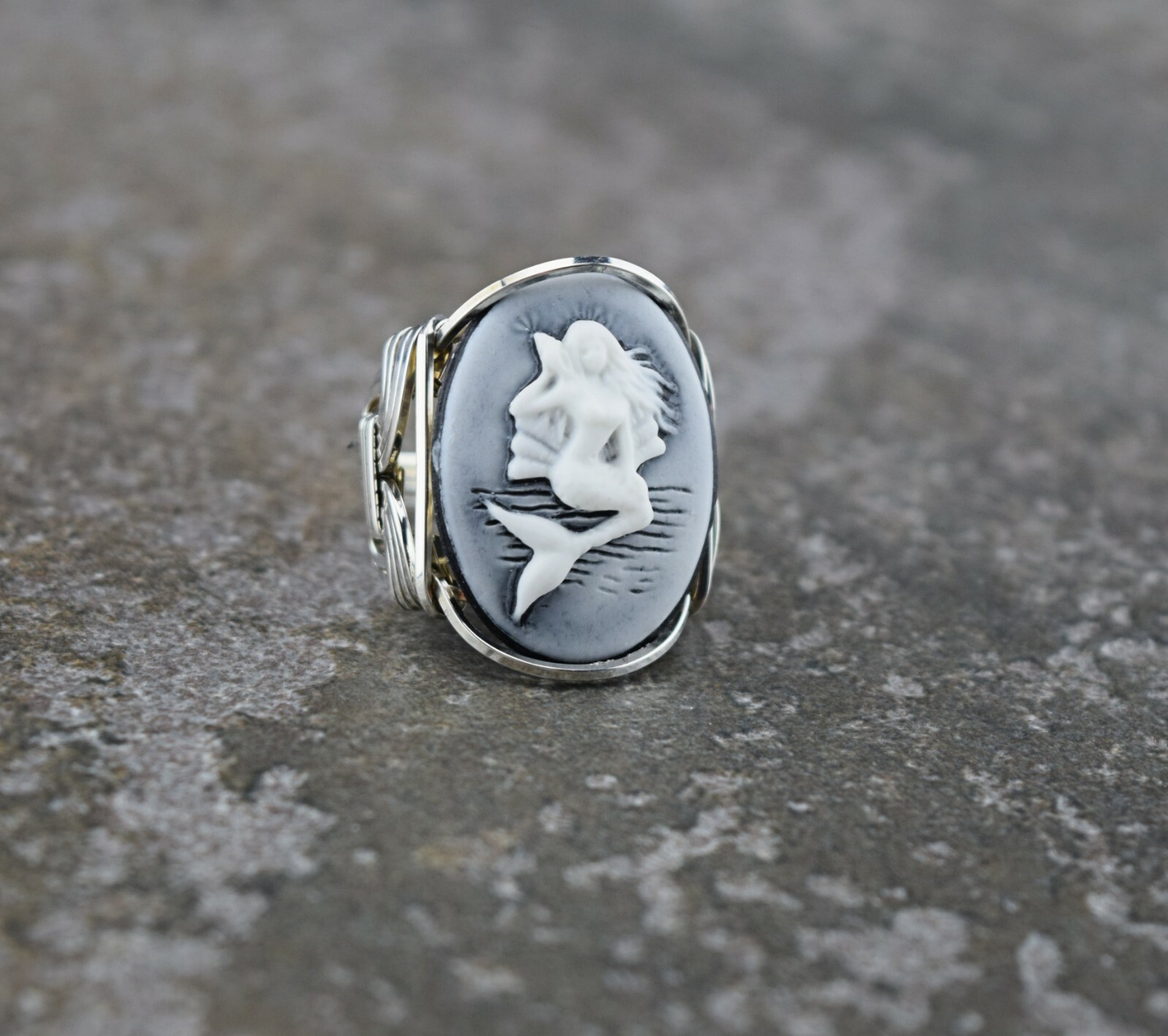 Large Sterling Silver Mermaid Cameo Wire Wrapped Ring
