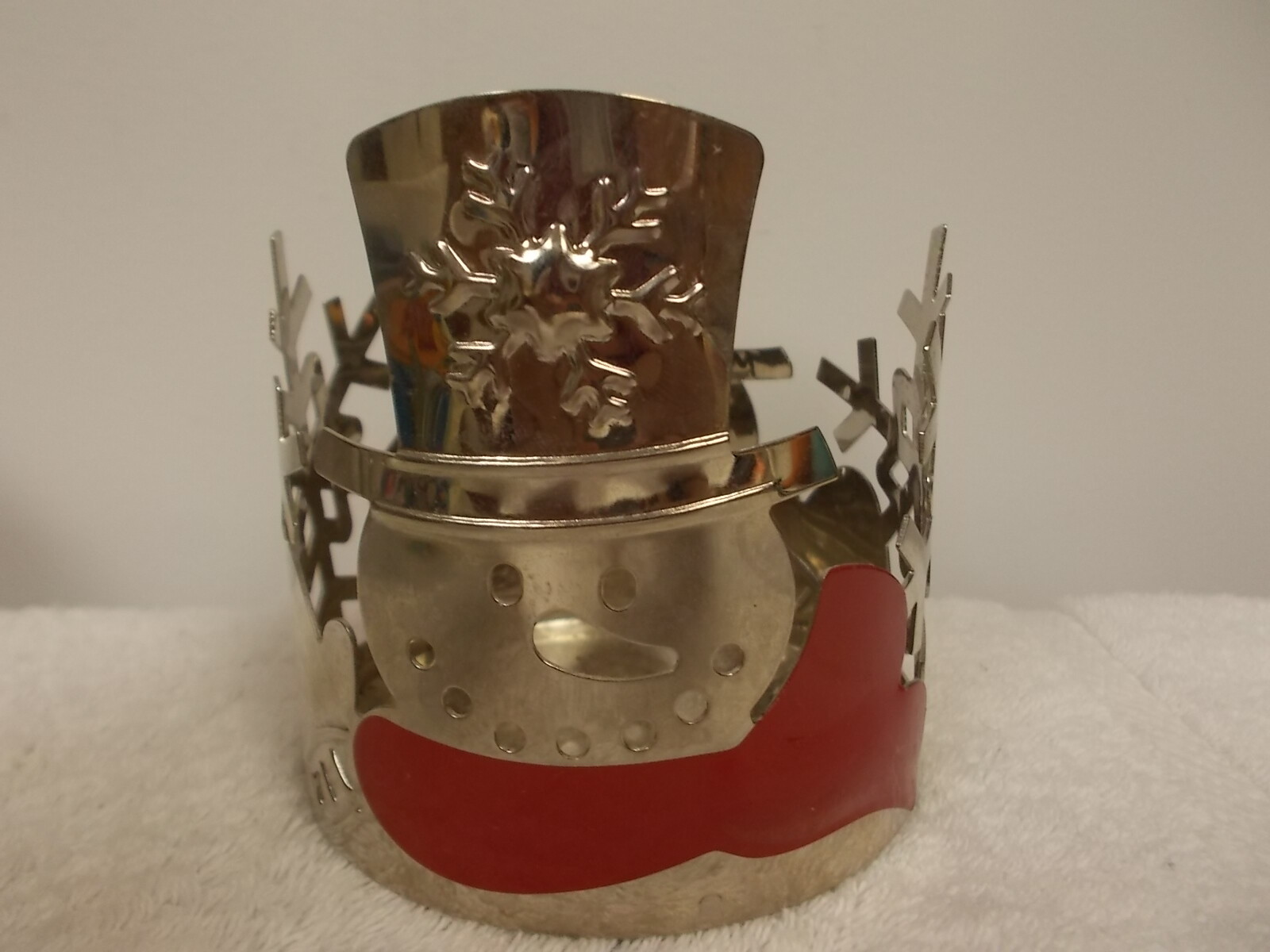 Christmas Holiday Snowman Red Scarf Metal Candle Holder Sleeve