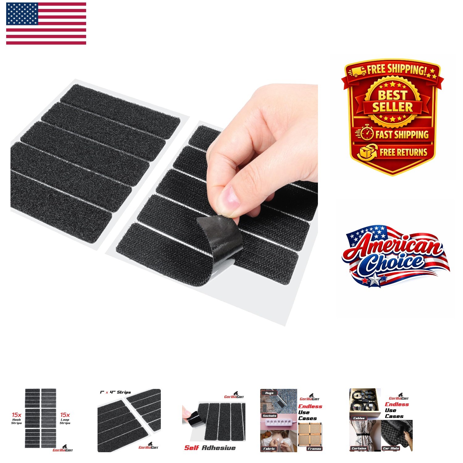 Reusable 1x4 Inch Heavy-Duty Black Hook and Loop Adhesive Fasteners - 15 Strips