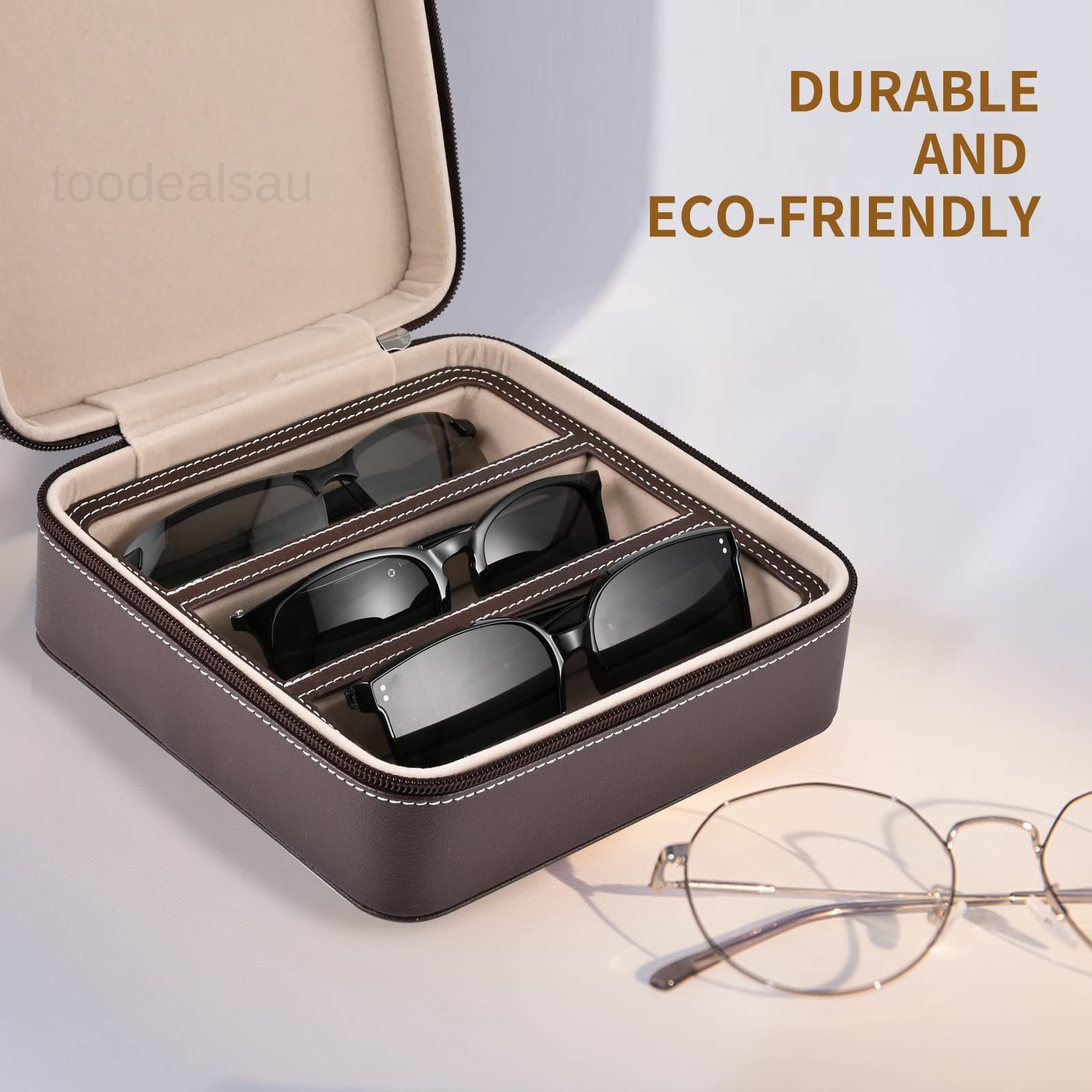 Eyewear Travel Case for women men, Luxury leather 3 Slots, Coffee