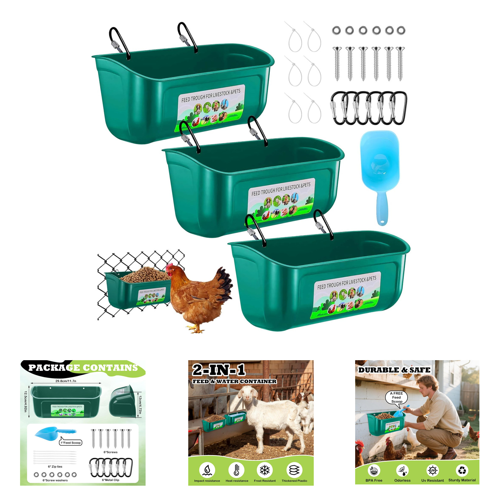 3 Pack Poultry Feeder Troughs with Clips BPA-Free Plastic for Chicken Ducks