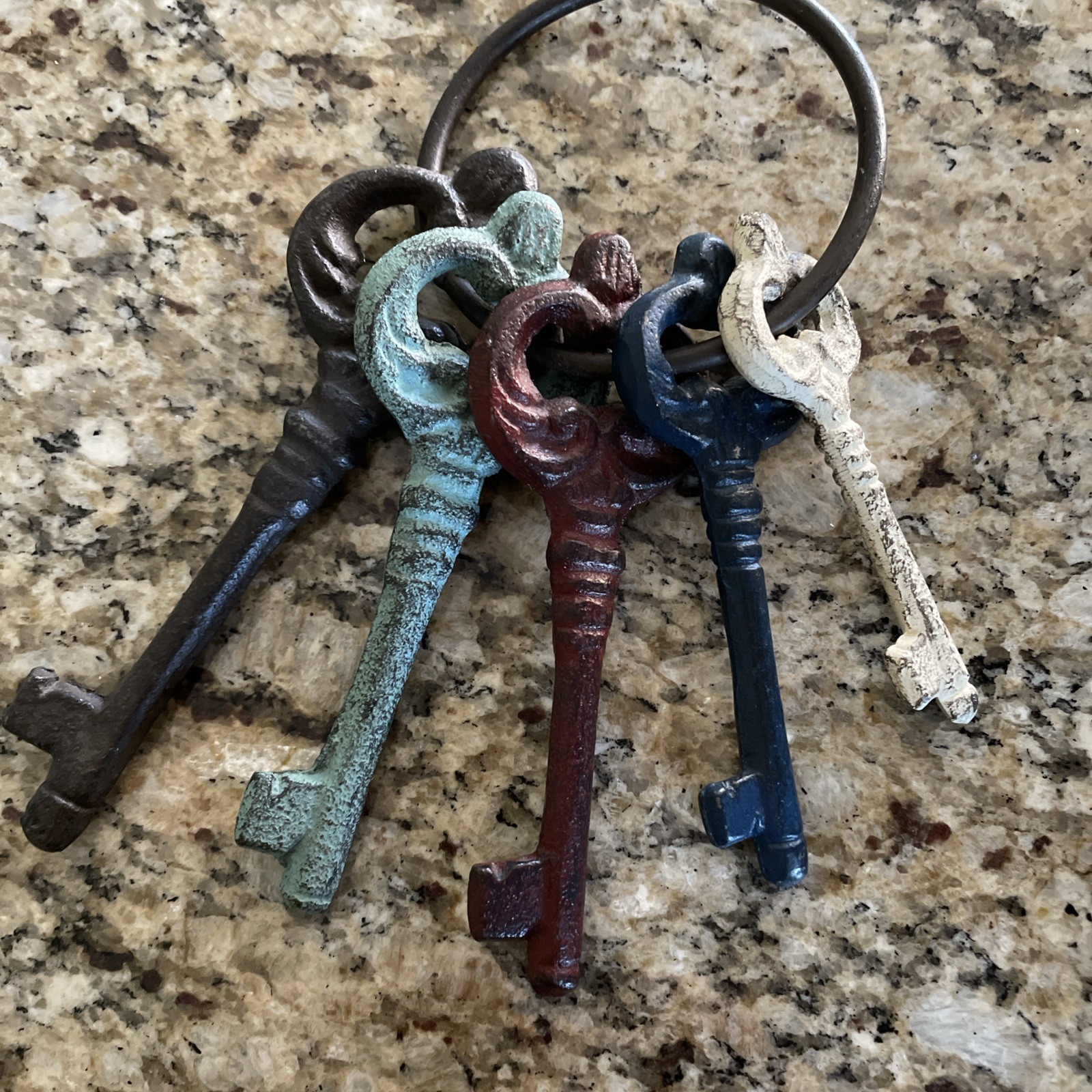 Cast Iron Rustic Vic Era 5 Decorative Metal Keys Blue, Red, Aqua, White, Bronze