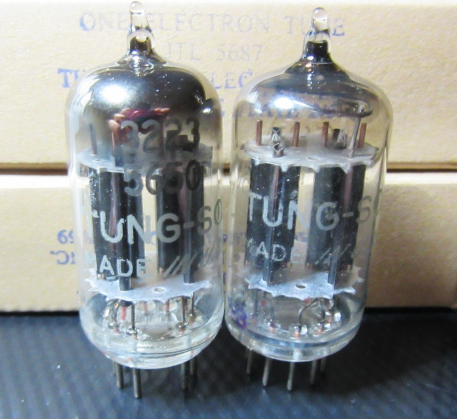 NOS NIB MATCHED PAIR TUNG SOL "D GETTER"  5687 1950'S VINTAGE TUBES