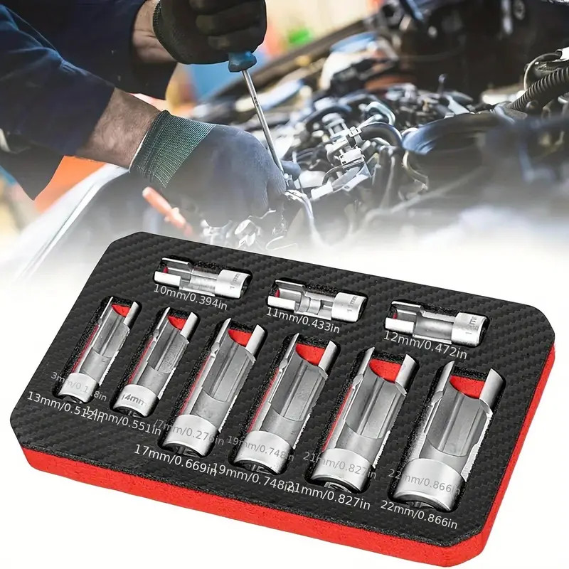 9Pcs O2 Sensor Socket Wrench Set 10-22mm Oxygen Sensor Remover Installer Tool