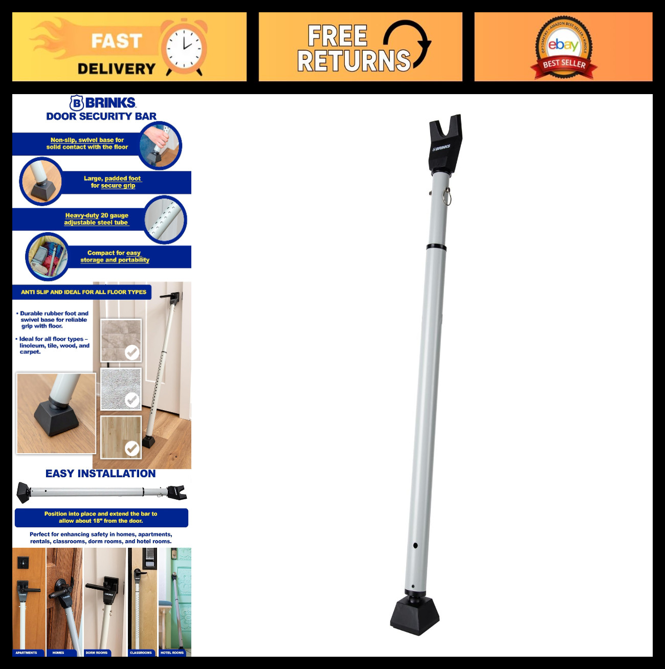 Adjustable Door Security Bar for Travel, School, Dorm & Home - Door Jammer for H