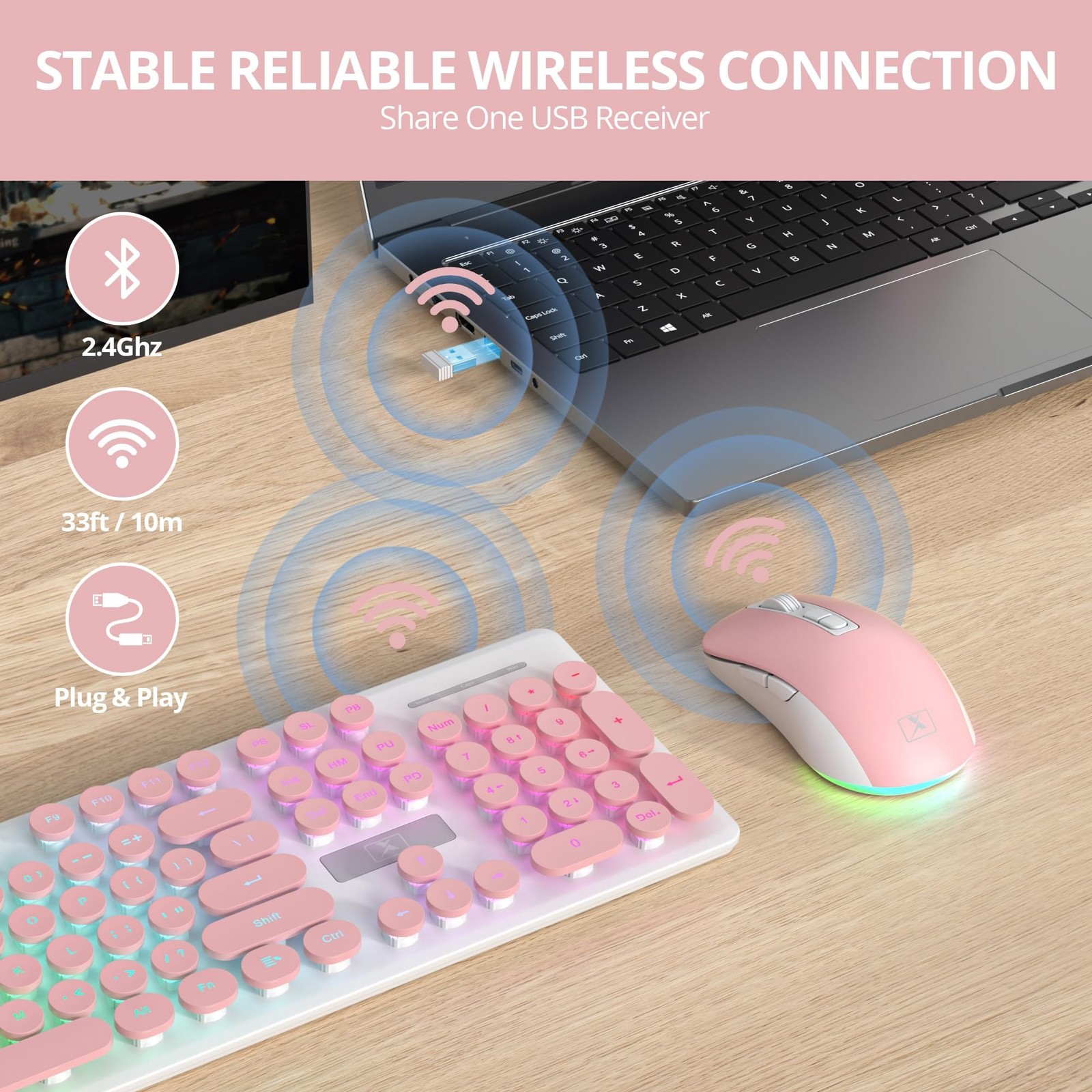 Backlit Pink Keyboard and Mouse Wireless, 2.4GHz Light Up Typewriter Recharge...