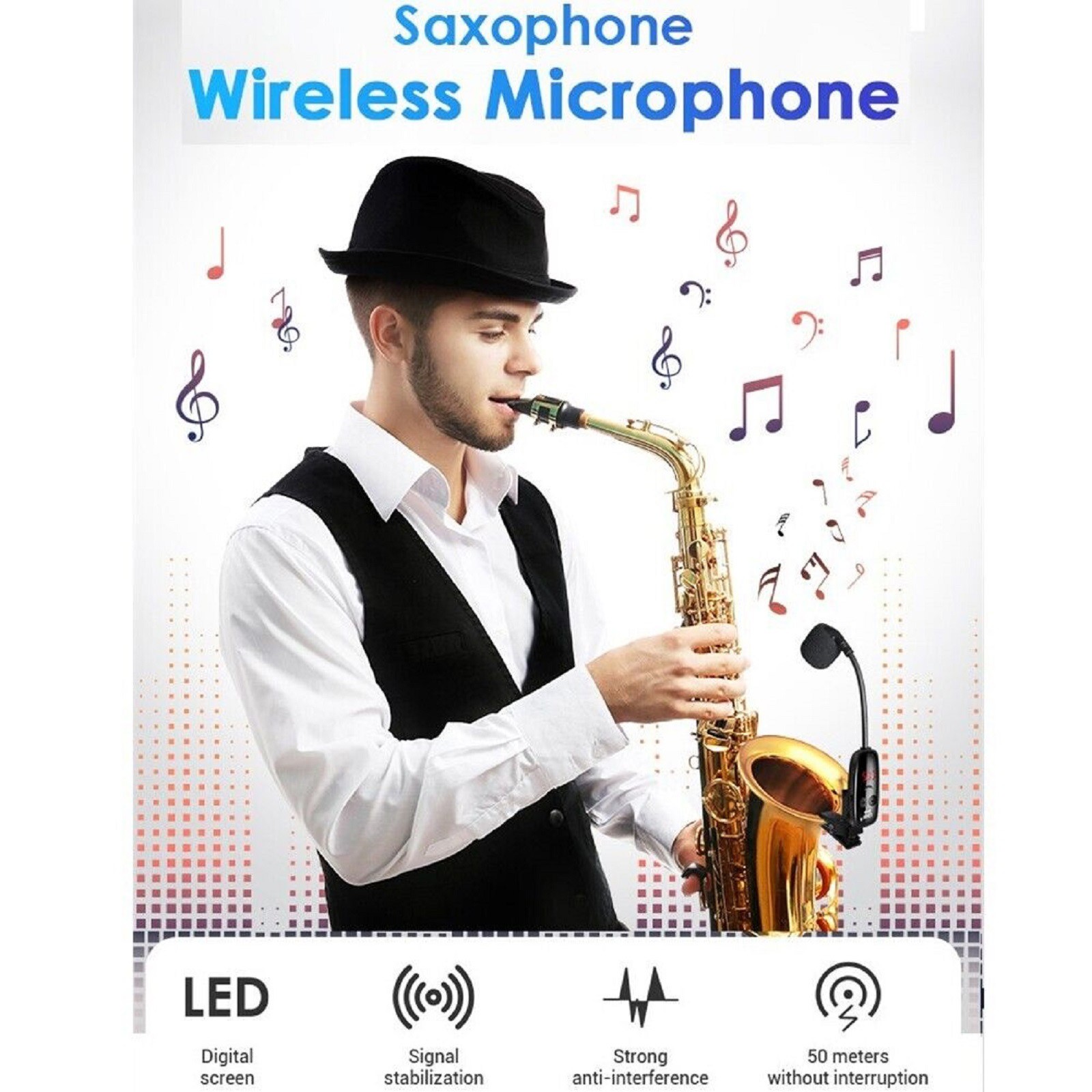 UHF Wireless Microphone For Trumpet Saxophone Instrument 50M Range Wireless m