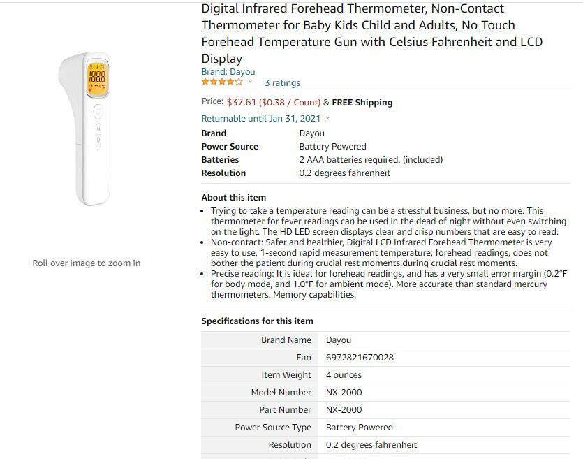 Dayoumed NX-2000 Infrared Forehead Temperature Gun Thermometer W/LCD Display