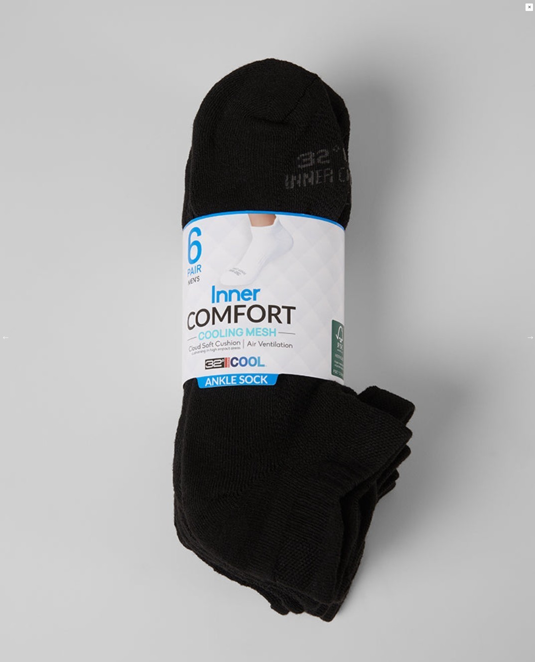 32 Degree Men's 6 pack cool comfort ankle running socks-black/M