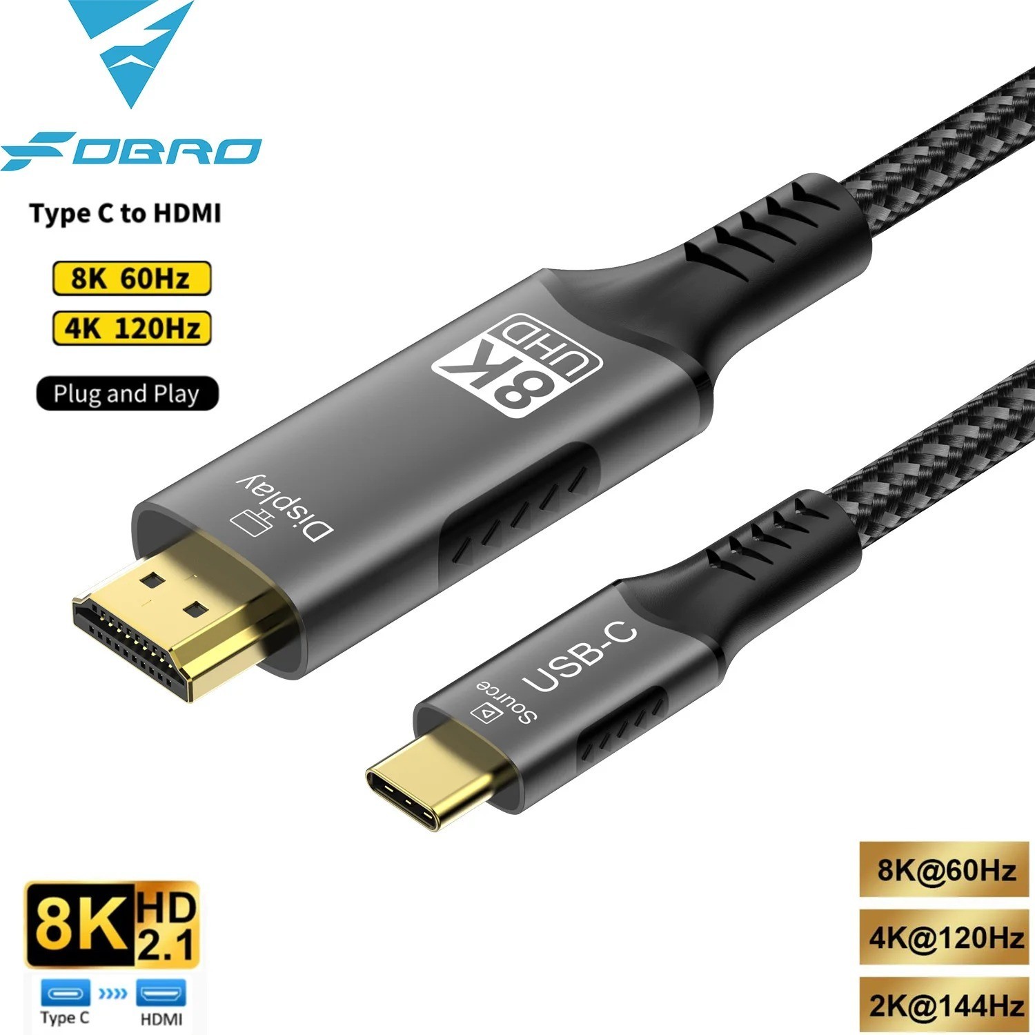 USB C to HDMI Cable 8K 60Hz 4K 120Hz Type C Adapter for MacBook iPad TV