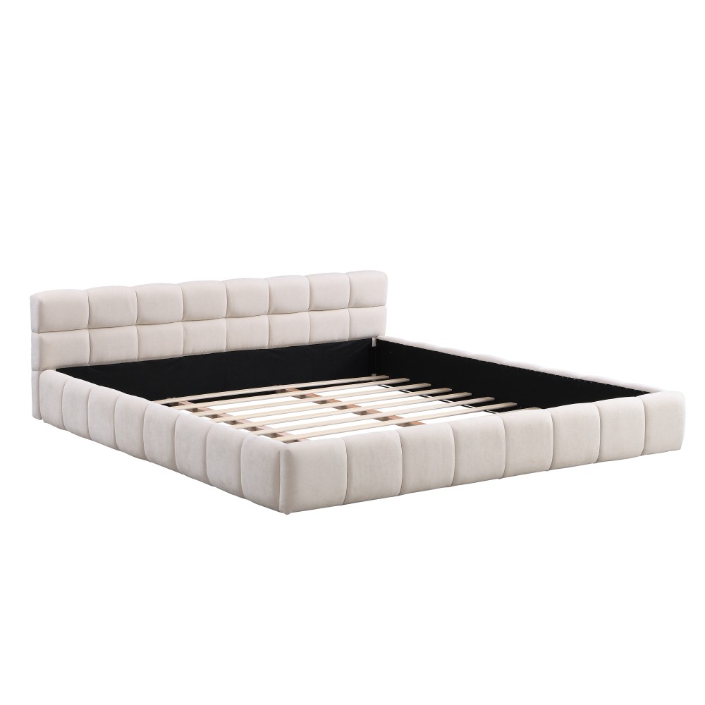 King Size Chenille Upholstered Bed w/ Checkerboard Headboard, Beige
