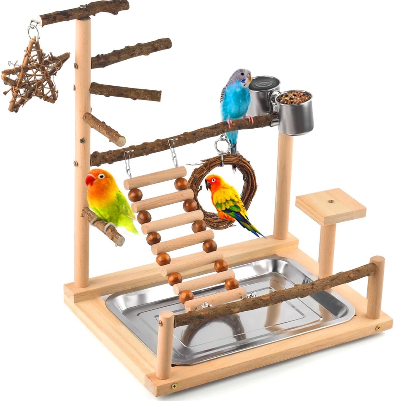 Bird Playground Natural Wooden Perches Ladder Swing for Parakeet Conure Cage