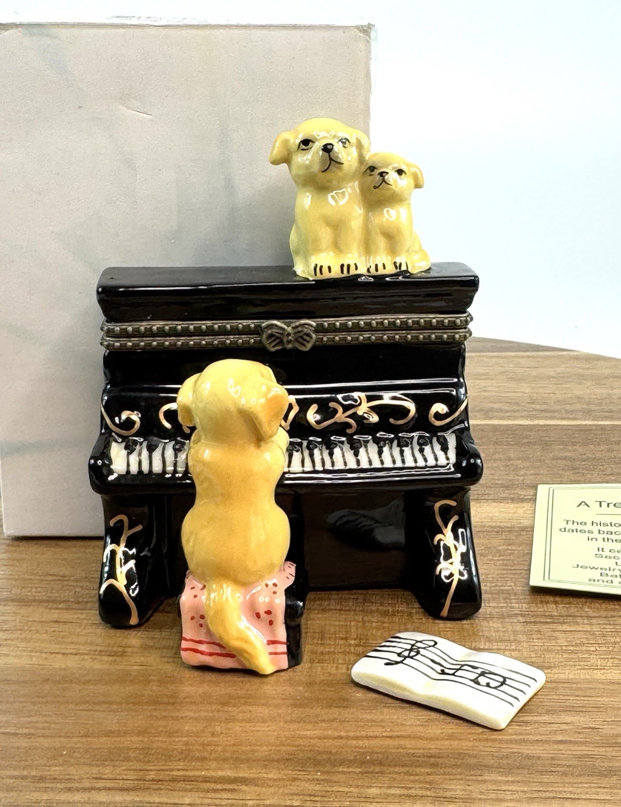 Porcelain Hinged Trinket Box Dogs Playing Piano  (READ!)