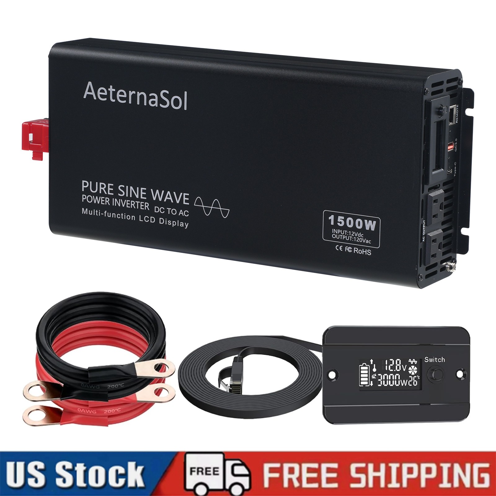 1500W 3000W Pure Sine Wave Inverter 12V DC to 120V AC Converter Power Inverter
