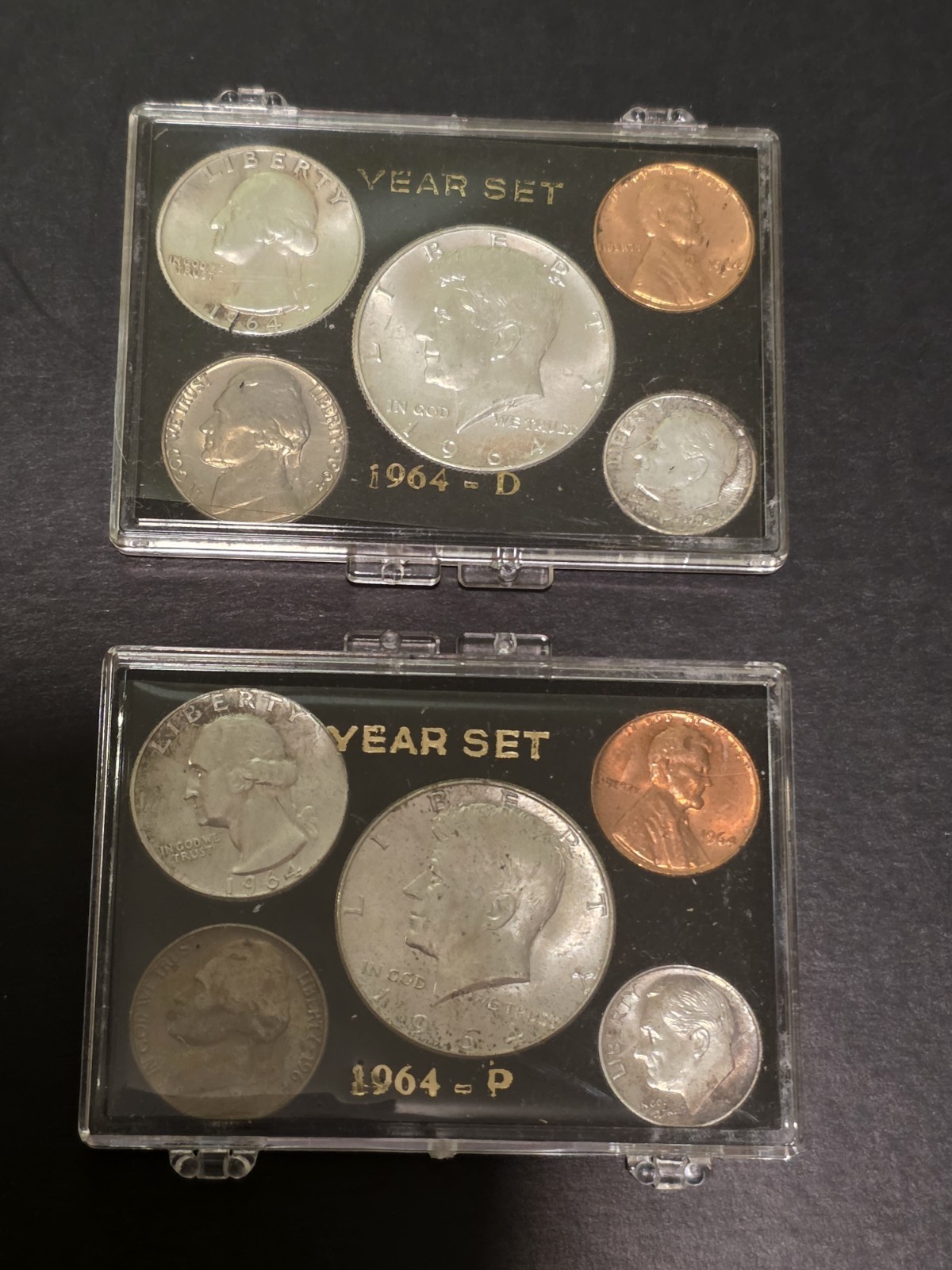 1964 P & D US Mint Sets In Plastic Holders W/6x 90% Silver Coins 10 Coins Total